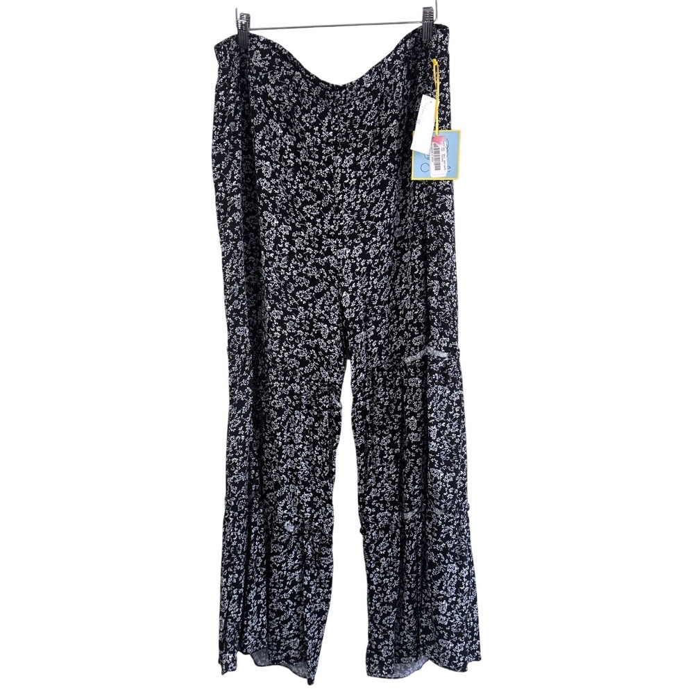 CeCe Wide Leg Pants Floral Print 1X Black Womens Plus Size Boho Summer Tiered